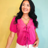 Scalloped Neck Tie Front Blouse - Pink - Lace and Grace Boutique