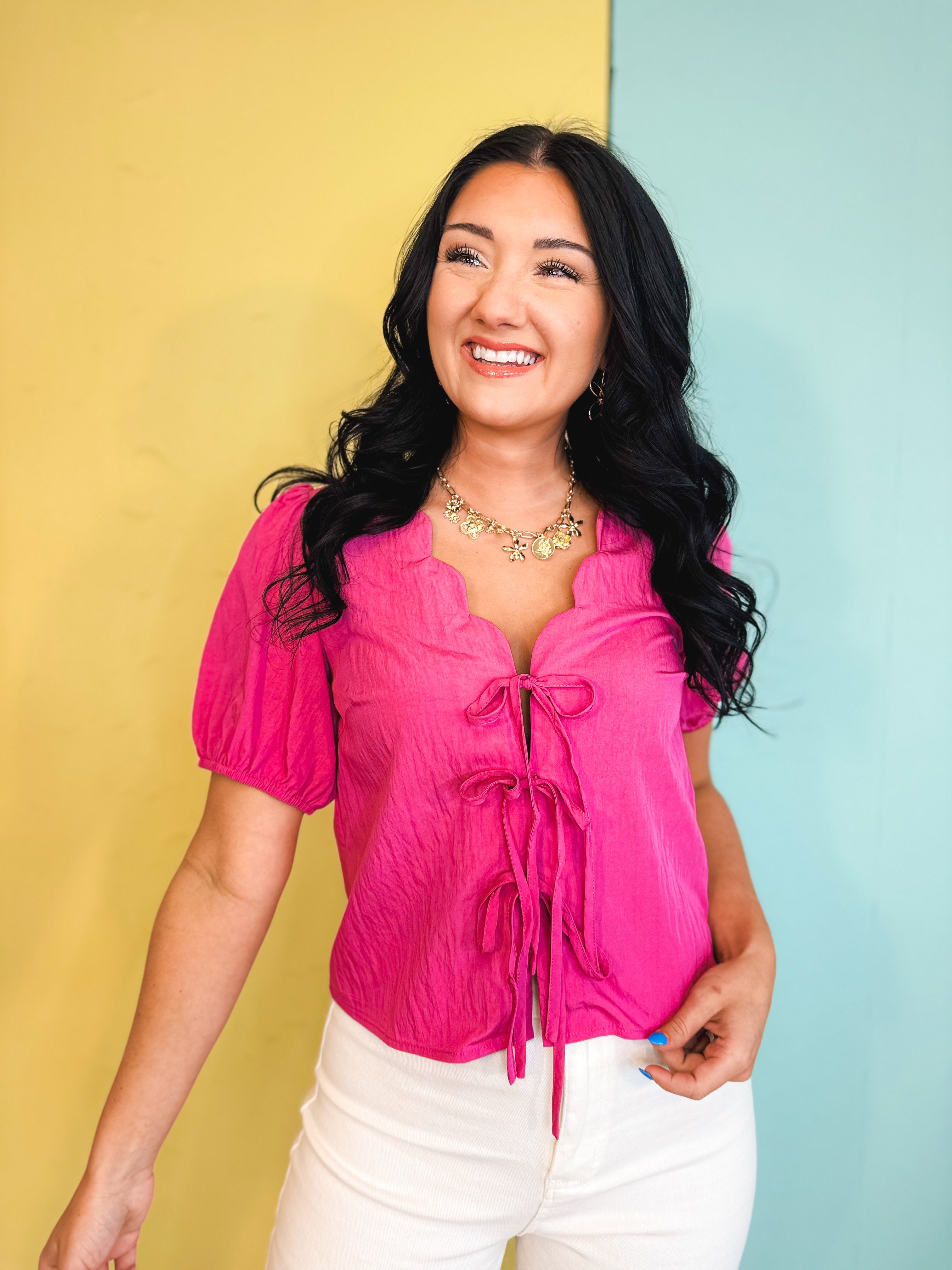 Scalloped Neck Tie Front Blouse - Pink - Lace and Grace Boutique