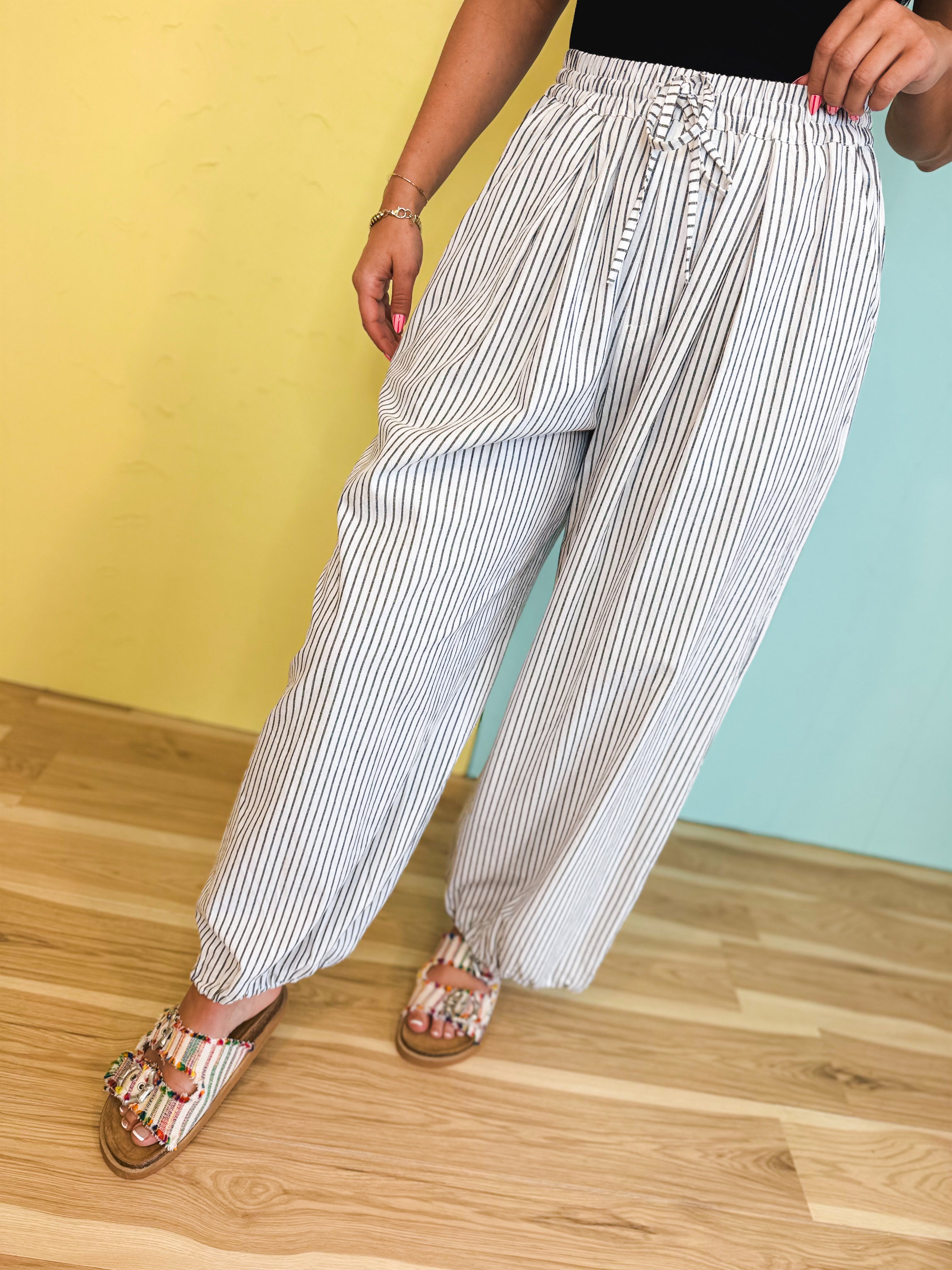 Striped Balloon Wide Leg Pants - White/Black - Lace and Grace Boutique