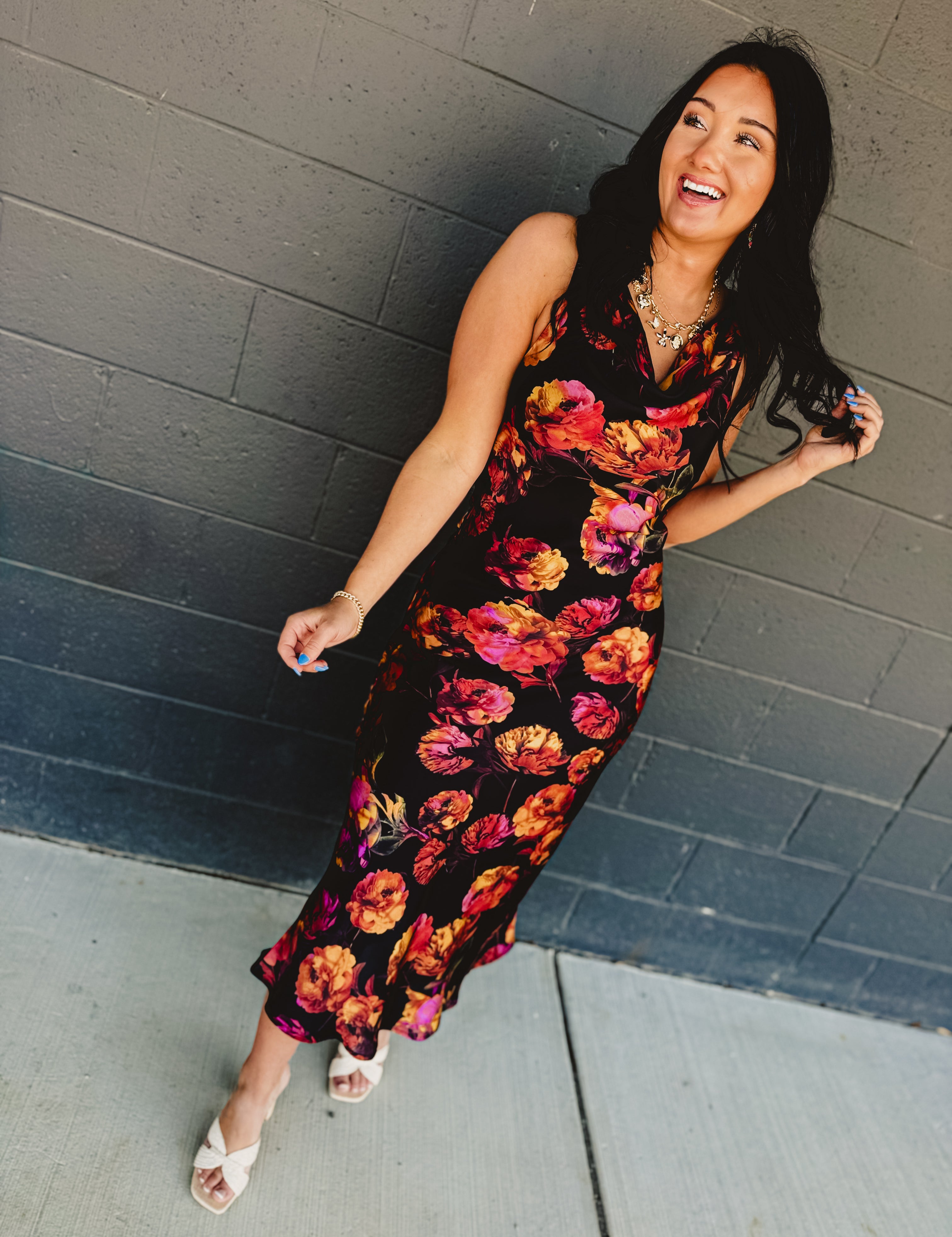 Golden Haze Twisted Strap Maxi Dress - Nightfall Bloom - Lace and Grace Boutique