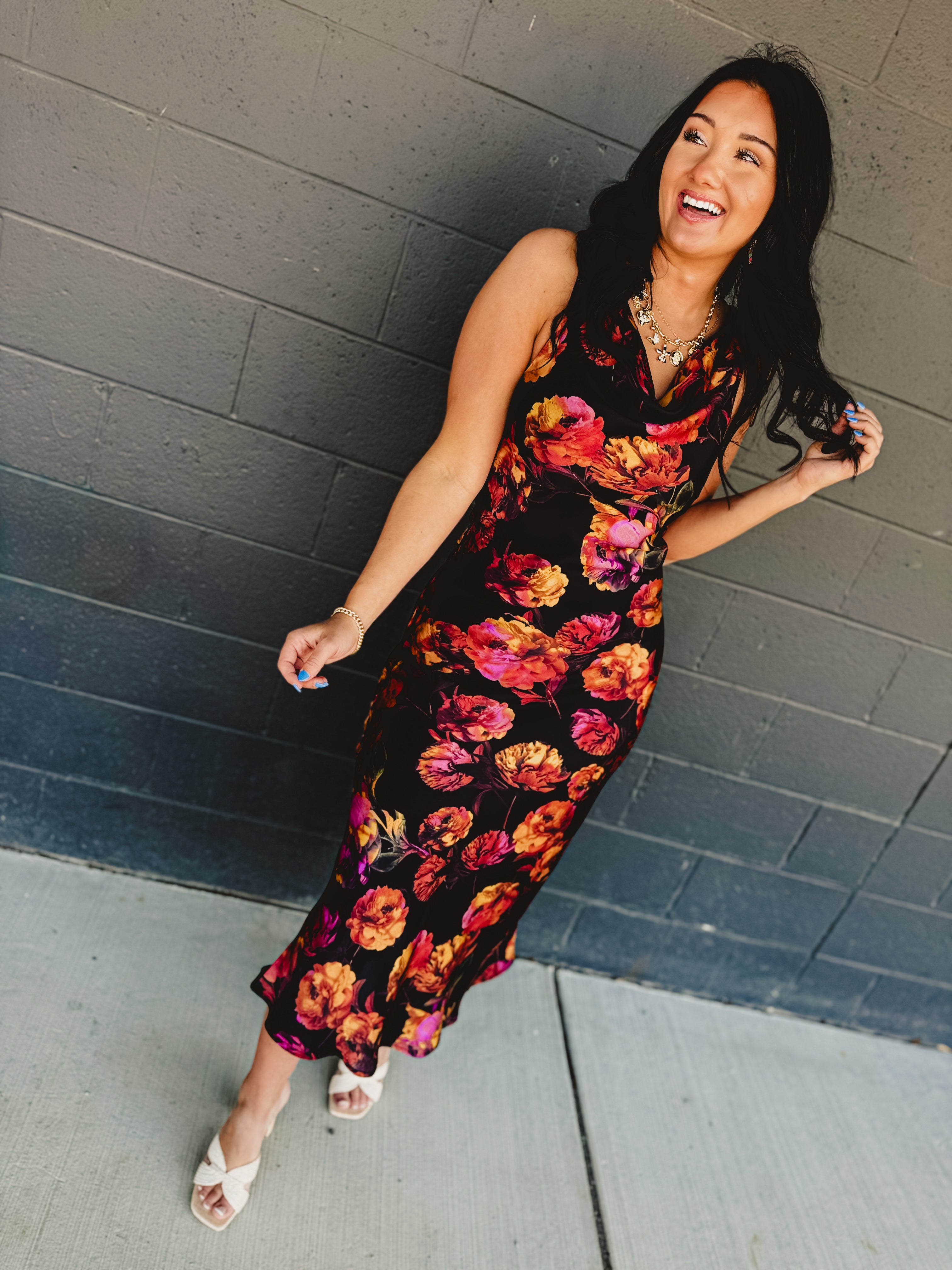 Golden Haze Twisted Strap Maxi Dress - Nightfall Bloom - Lace and Grace Boutique