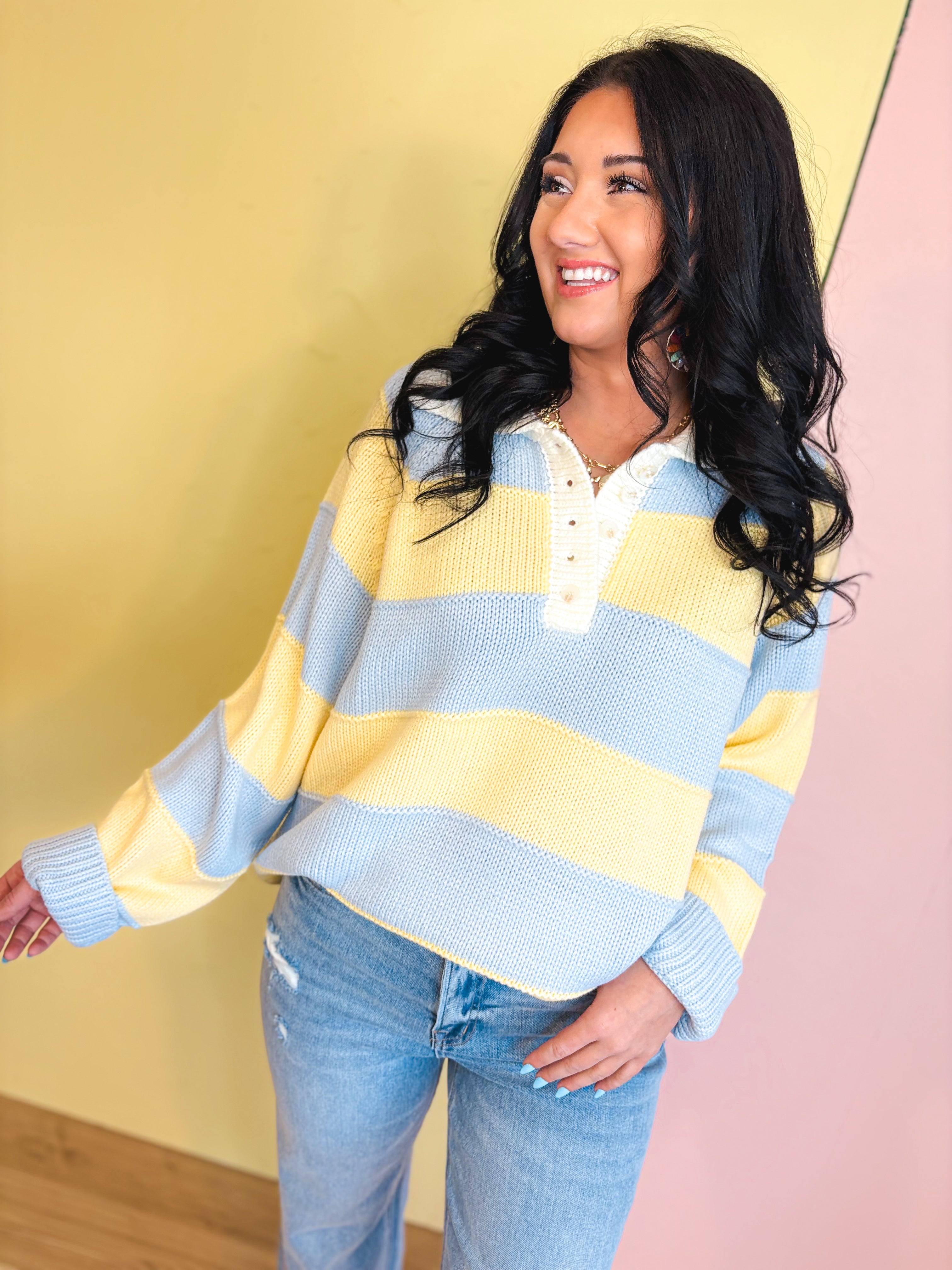 Wide Striped Collared Knit Sweater - Blue/Yellow - Lace and Grace Boutique