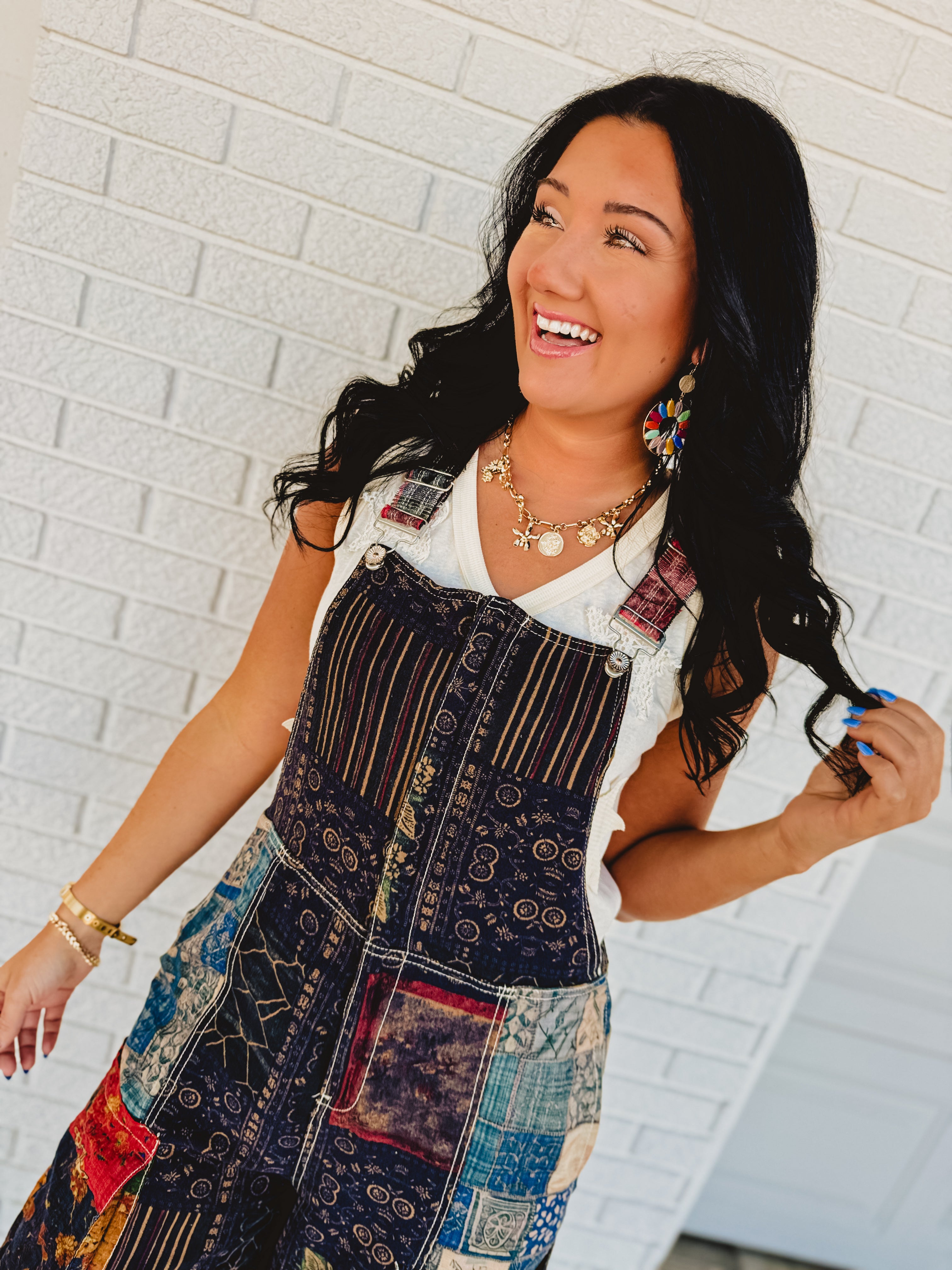 POL Boho Vintage Print Oversized Overalls - Black Multi - Lace and Grace Boutique