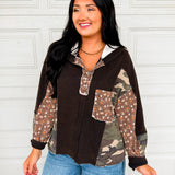 POL Floral & Camo Contrast Thermal Hooded Knit Top - Black