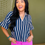 Striped Ruffle Sleeve V-Neck Blouse - Navy - Lace and Grace Boutique