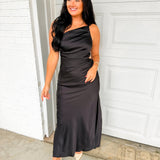 Satin One Shoulder Ruched Maxi Dress - Black