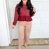 Eyelet Lace Hem Peplum Knit Top - Burgundy