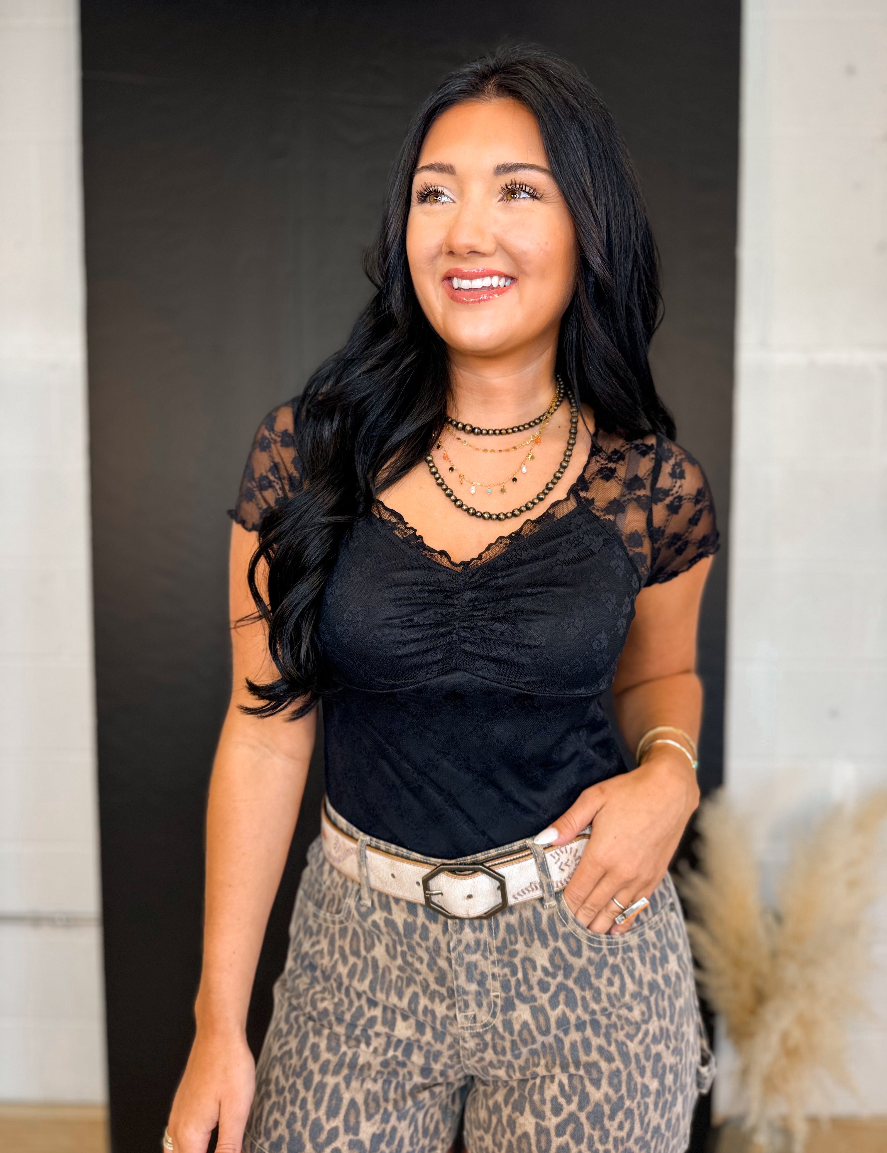 Lace Sheer Back Cabbage Hem Top - Black - Lace and Grace Boutique