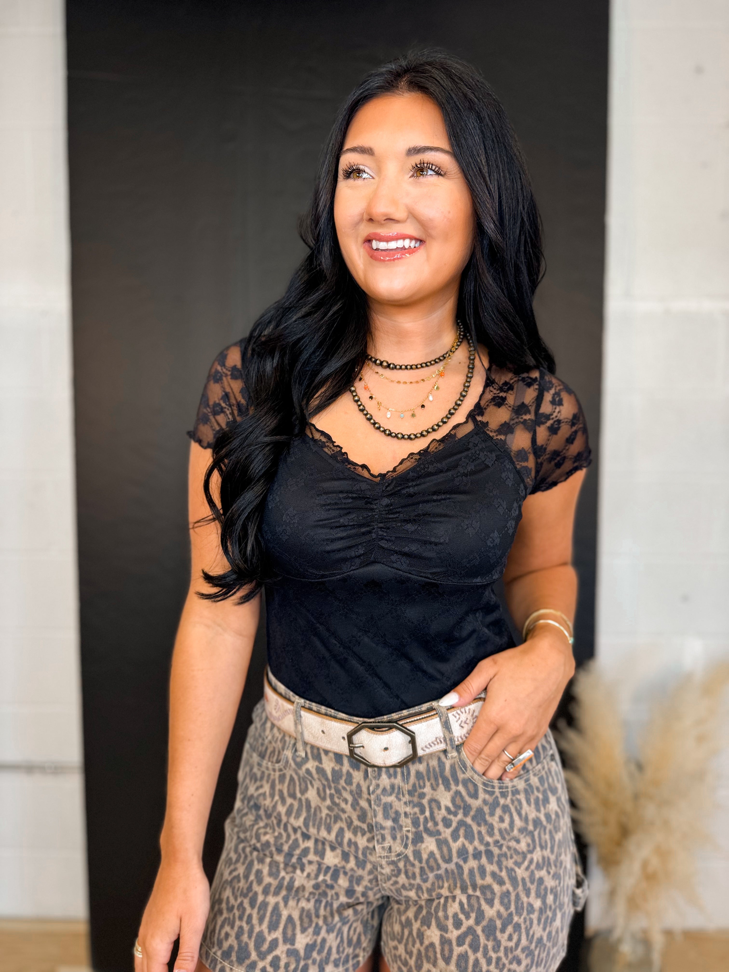 Lace Sheer Back Cabbage Hem Top - Black - Lace and Grace Boutique