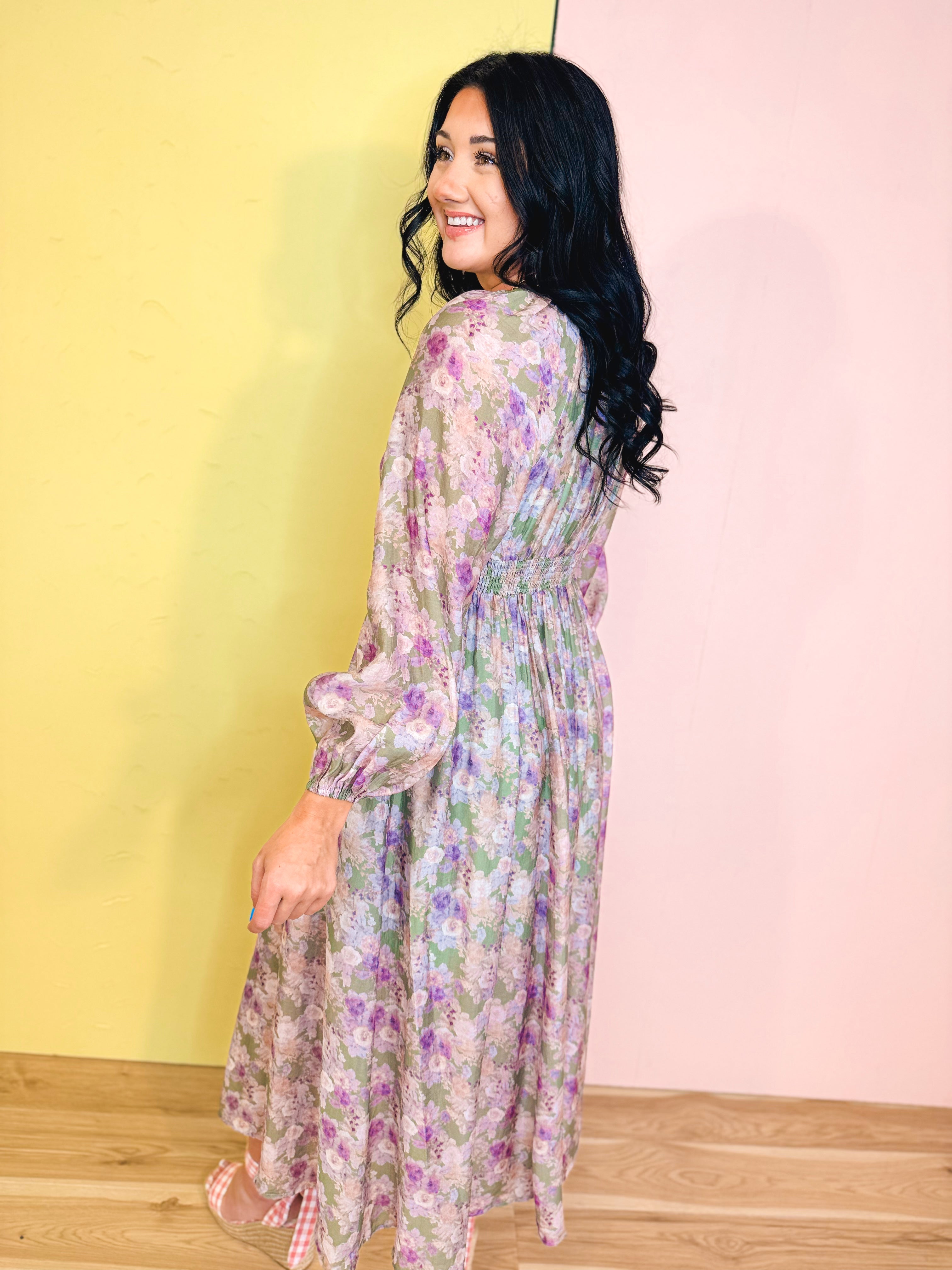 Tencel Floral Smocked Button Down Maxi Dress - Eucalyptus - Lace and Grace Boutique