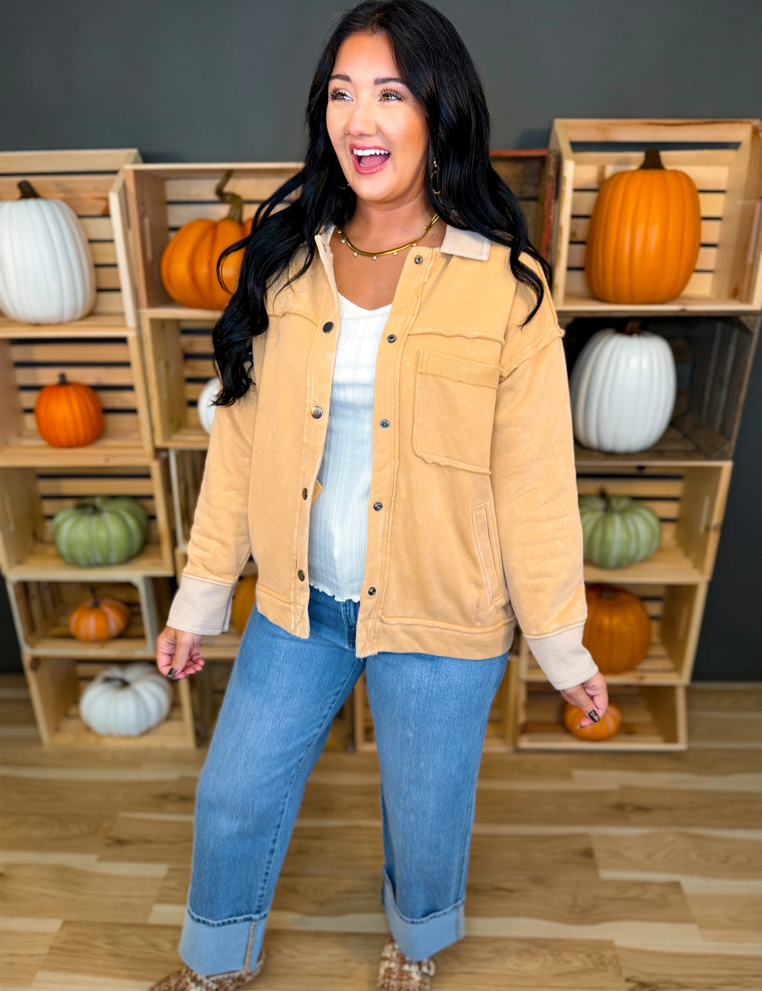 Washed Button Down Raw Edge Jacket - Ocher - Lace and Grace Boutique