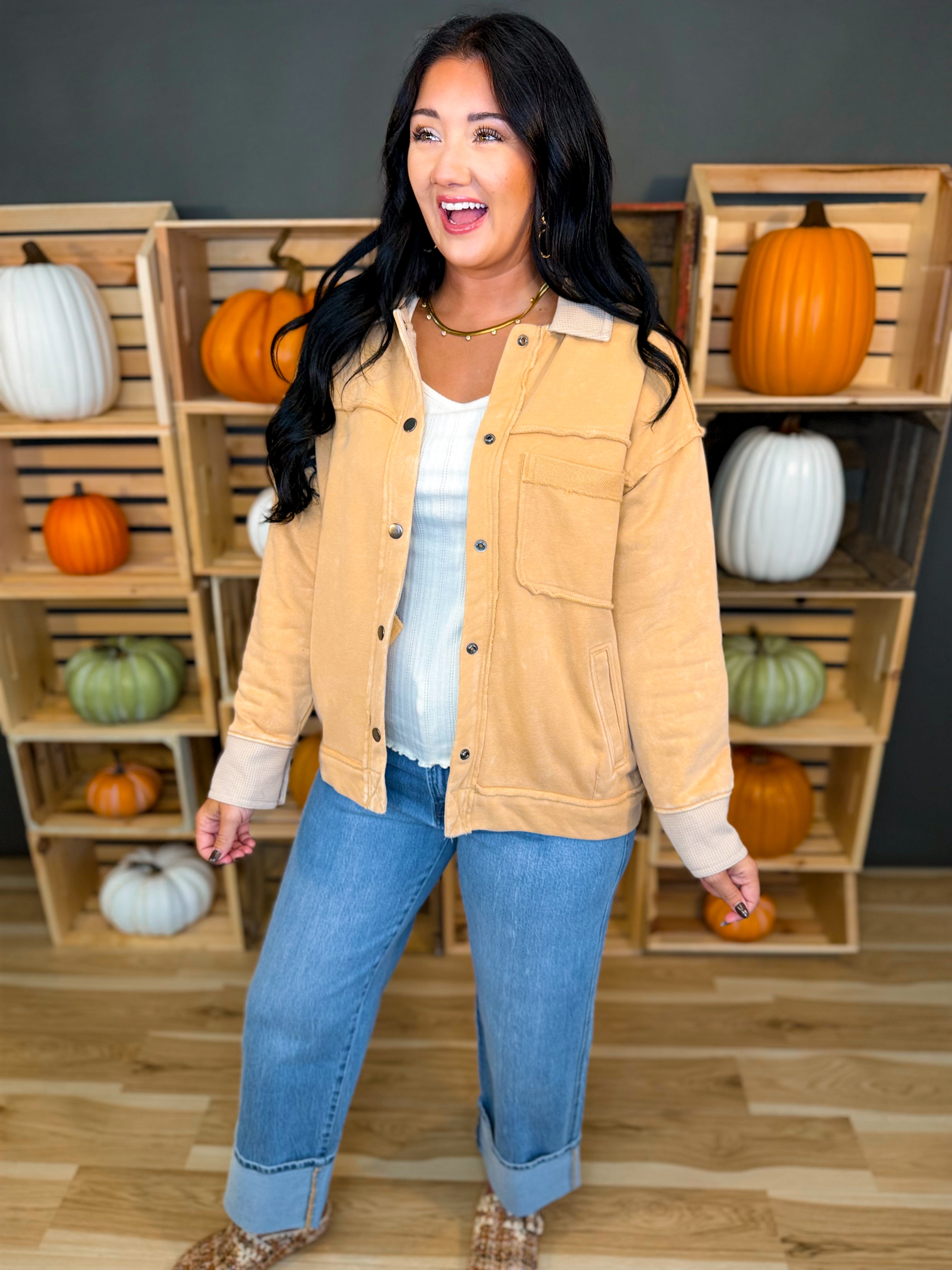 Washed Button Down Raw Edge Jacket - Ocher - Lace and Grace Boutique