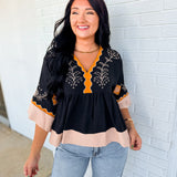 Embroidered Color Block Oversized Blouse - Black Combo