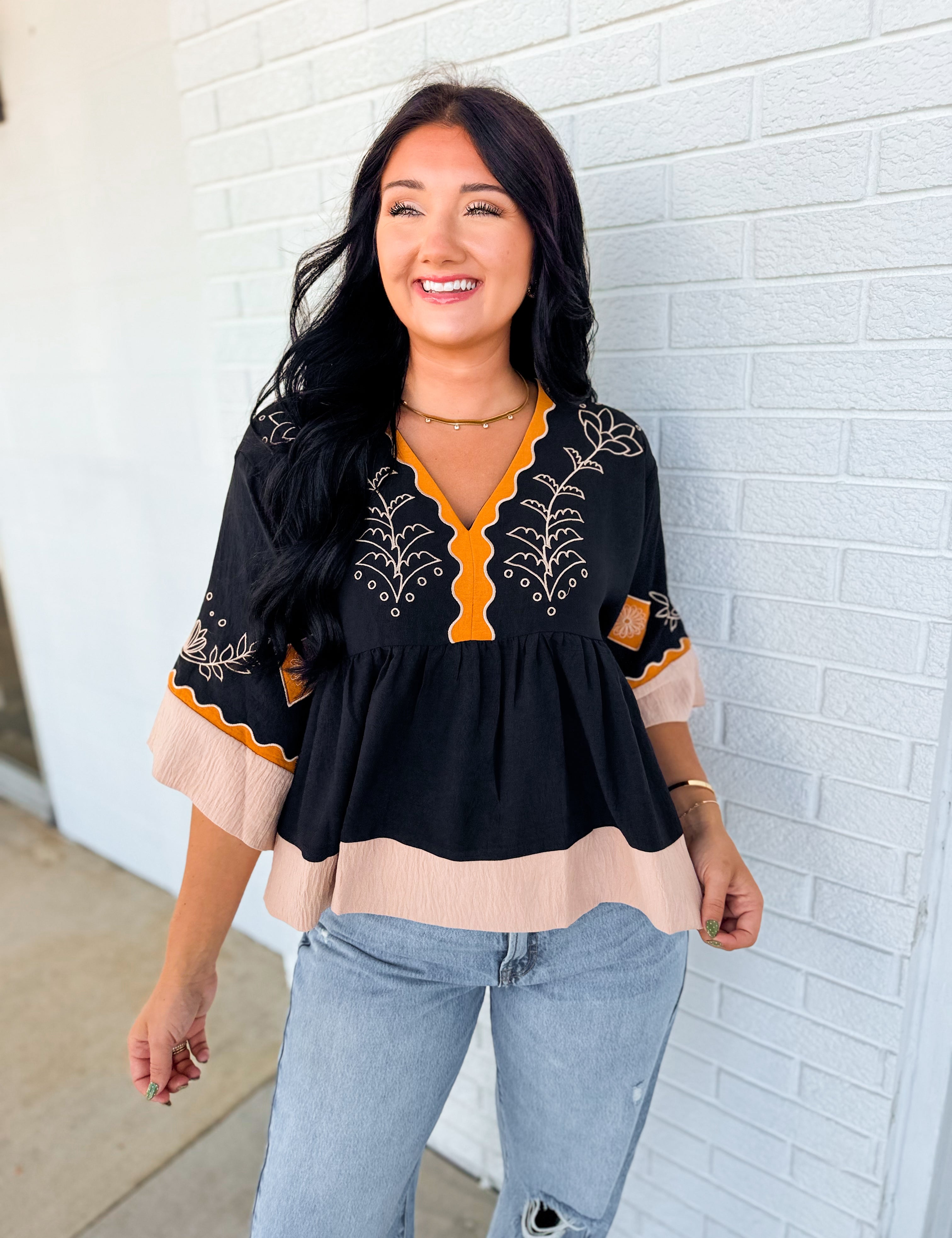Embroidered Color Block Oversized Blouse - Black Combo - Lace and Grace Boutique