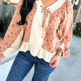 Floral Print Contrast Detail Knit Top - Coral Multi
