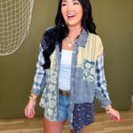 Oli & Hali Washed Patchwork Button Up Top - Navy - Lace and Grace Boutique