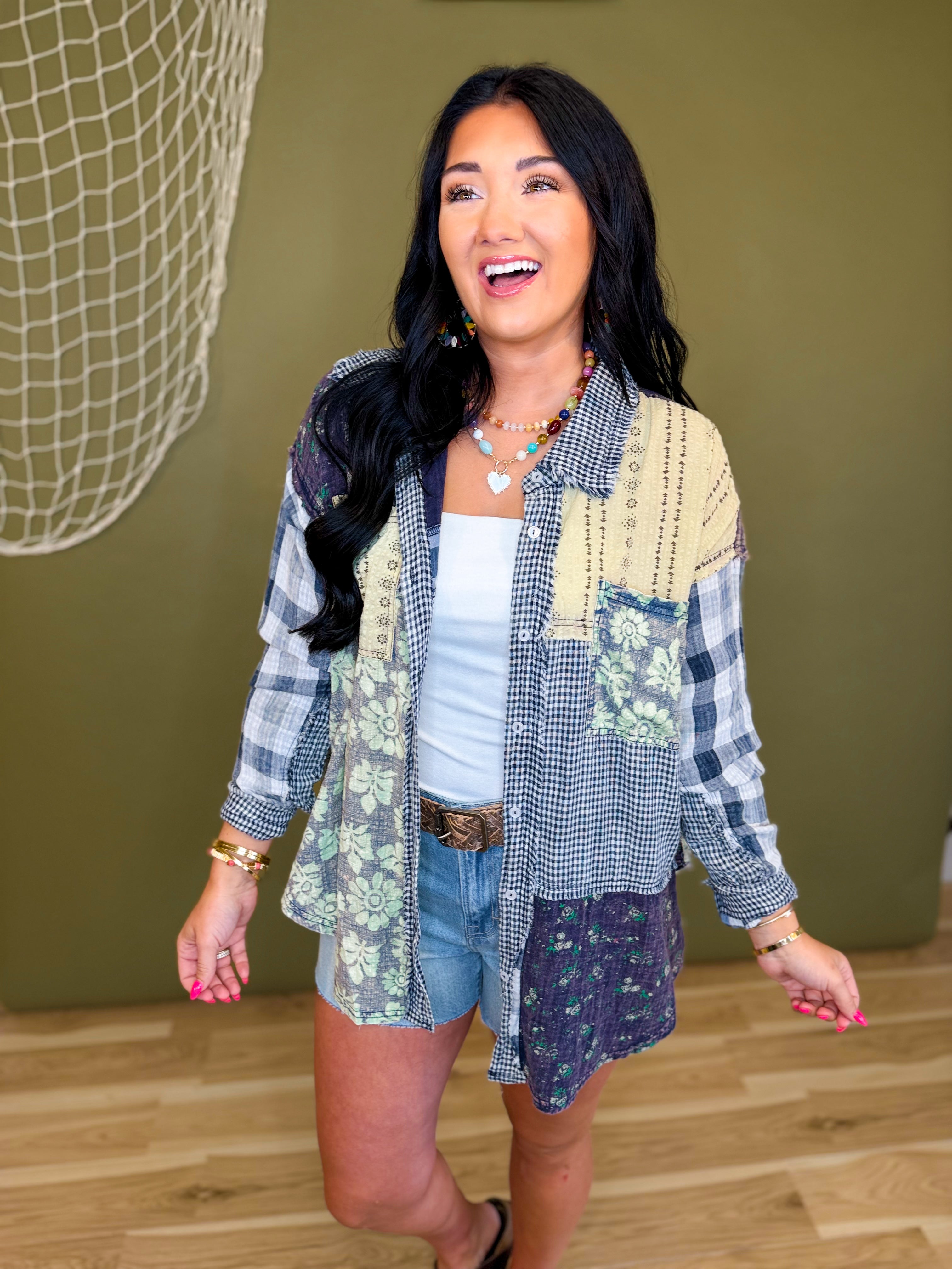 Oli & Hali Washed Patchwork Button Up Top - Navy - Lace and Grace Boutique