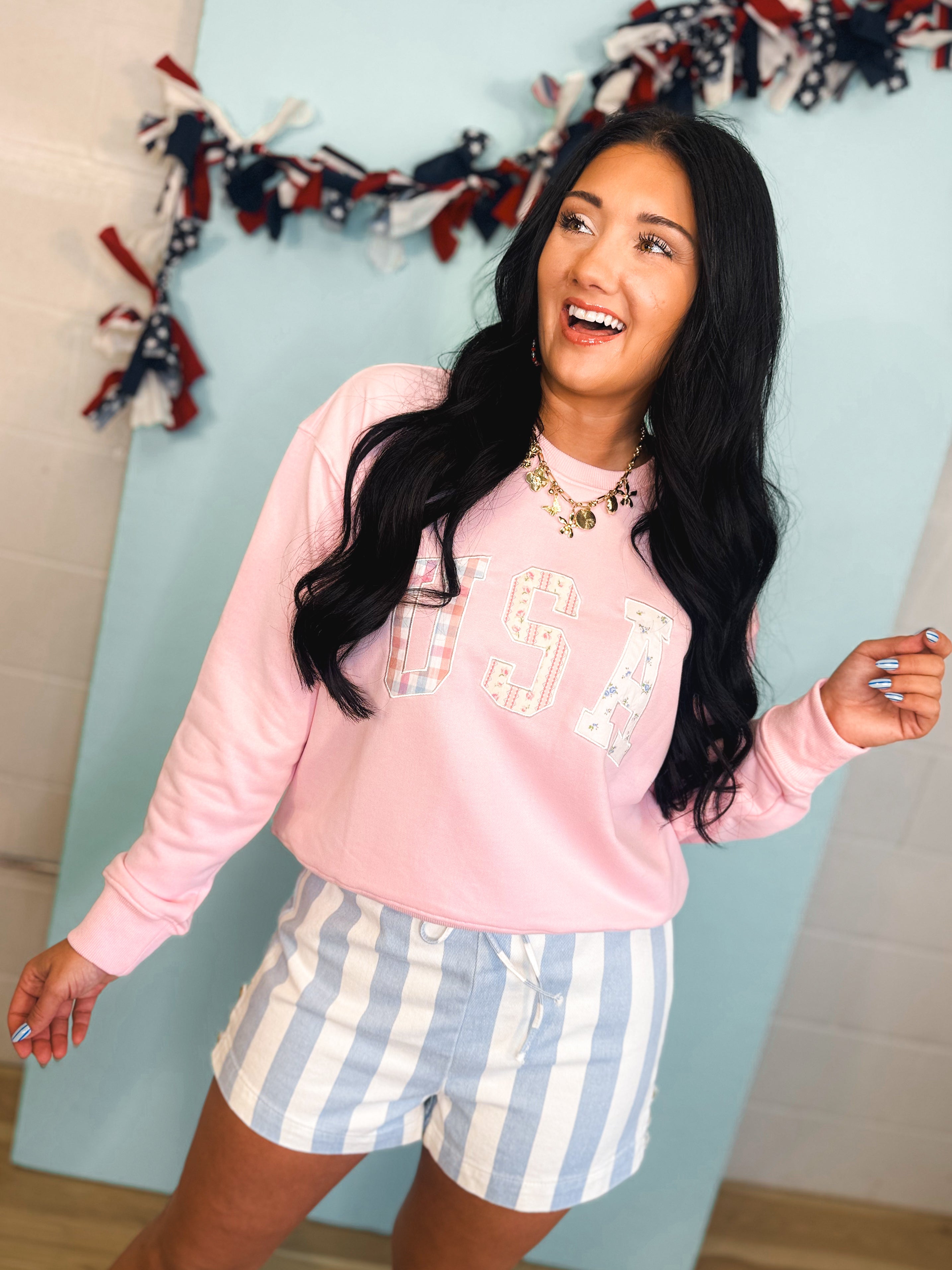 Striped Denim Drawstring Shorts - Sky/White - Lace and Grace Boutique