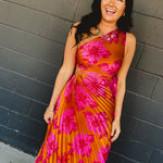 One Shoulder Asymmetrical Pleated Maxi Dress - Hibiscus Mango - Lace and Grace Boutique