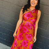 One Shoulder Asymmetrical Pleated Maxi Dress - Hibiscus Mango - Lace and Grace Boutique