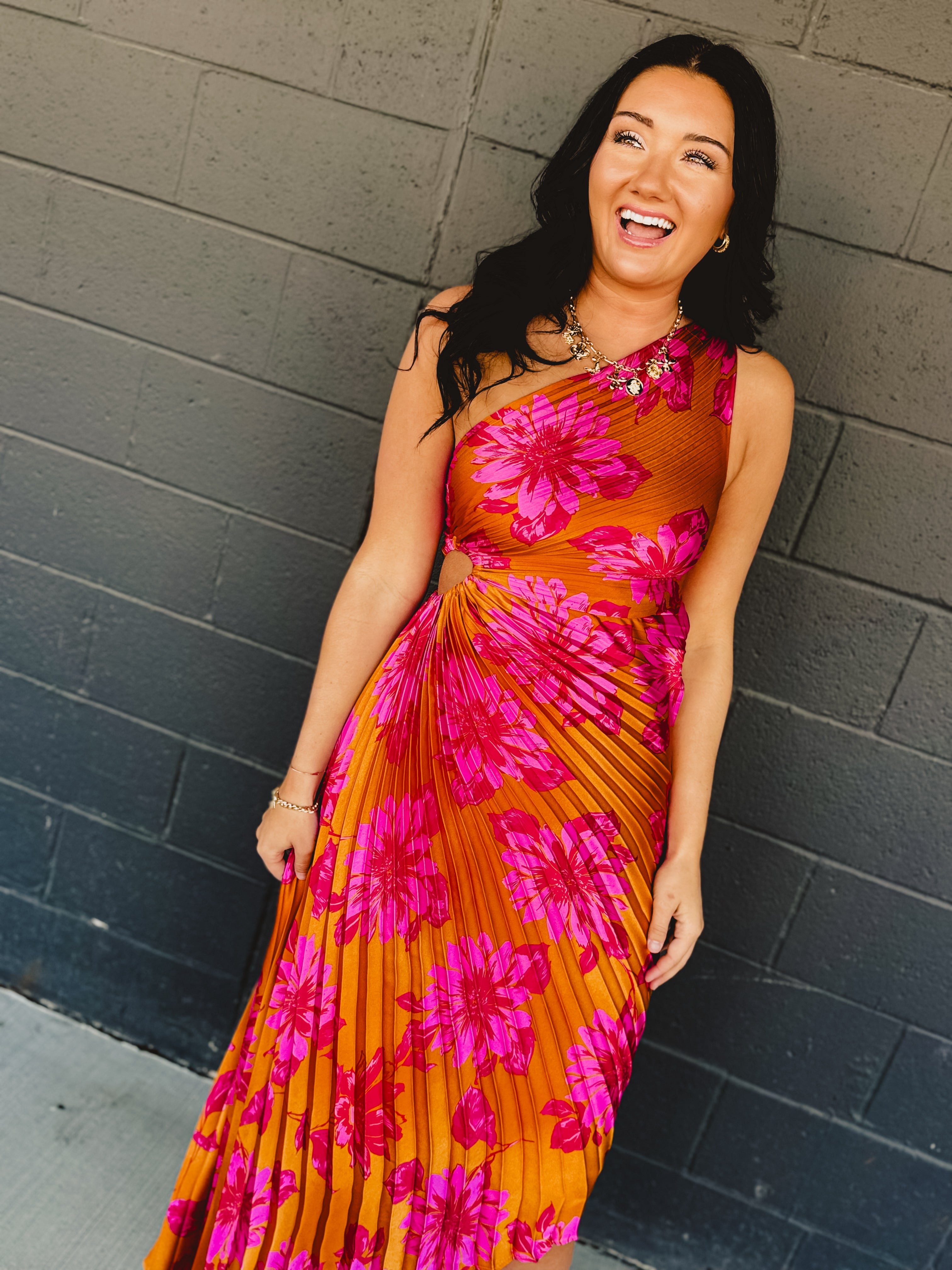 One Shoulder Asymmetrical Pleated Maxi Dress - Hibiscus Mango - Lace and Grace Boutique