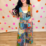 POL V-Neck Patchwork Overalls - Sage Multi - Lace and Grace Boutique