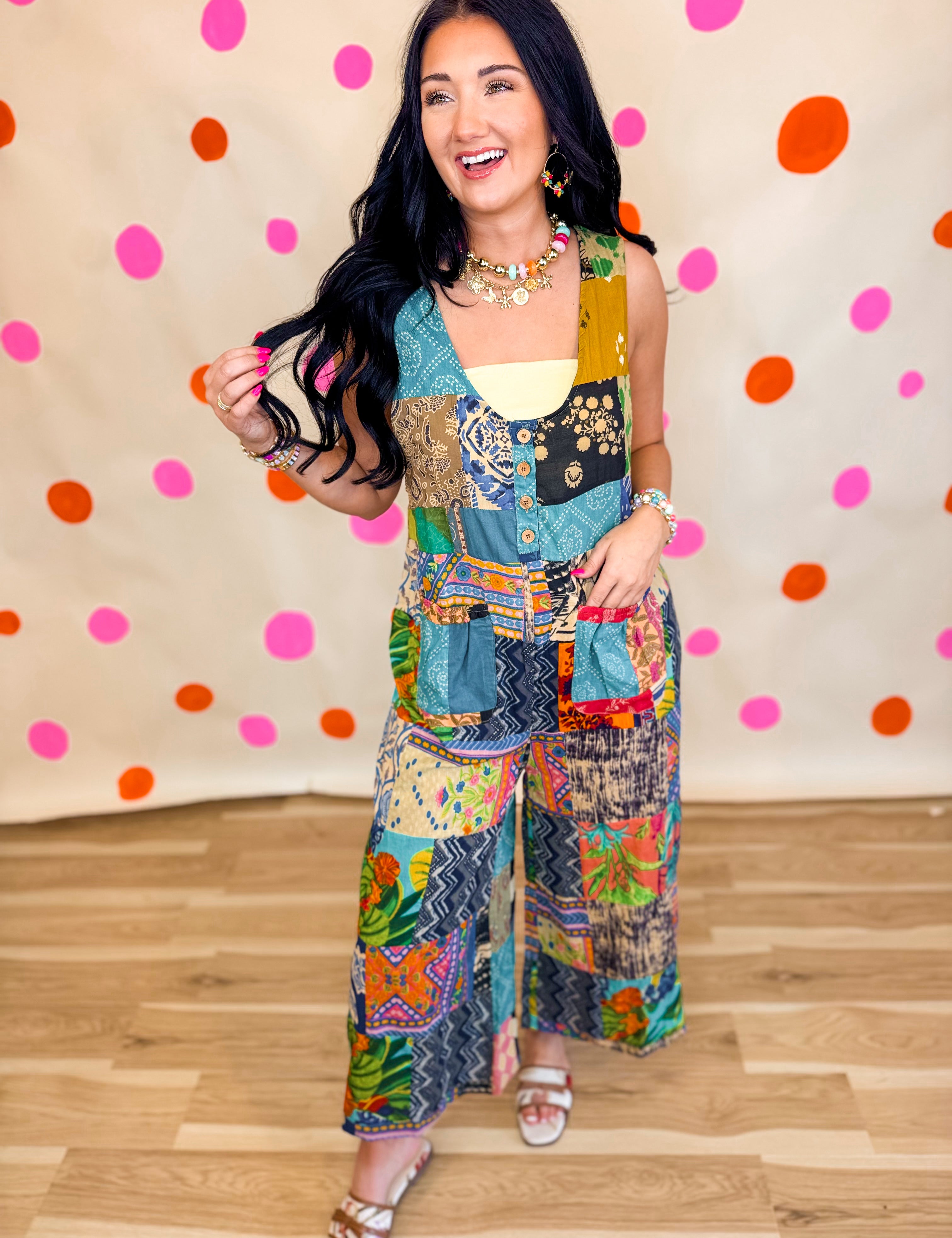 POL V-Neck Patchwork Overalls - Sage Multi - Lace and Grace Boutique