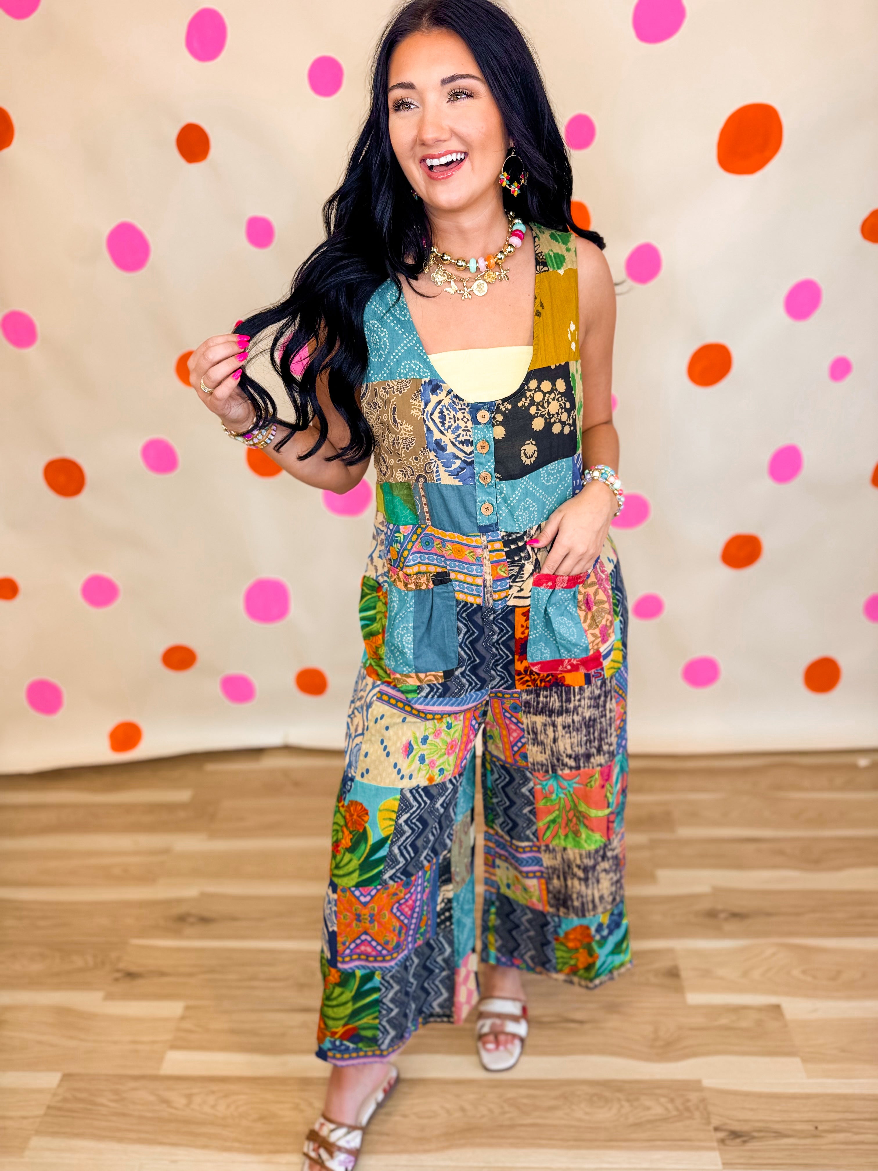 POL V-Neck Patchwork Overalls - Sage Multi - Lace and Grace Boutique