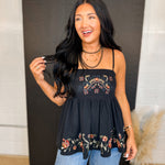 Floral Embroidered Peplum Tank Top - Black - Lace and Grace Boutique