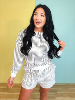 Cozy Coast Pinstripe Two Piece Short Set - Ivory - Lace and Grace Boutique