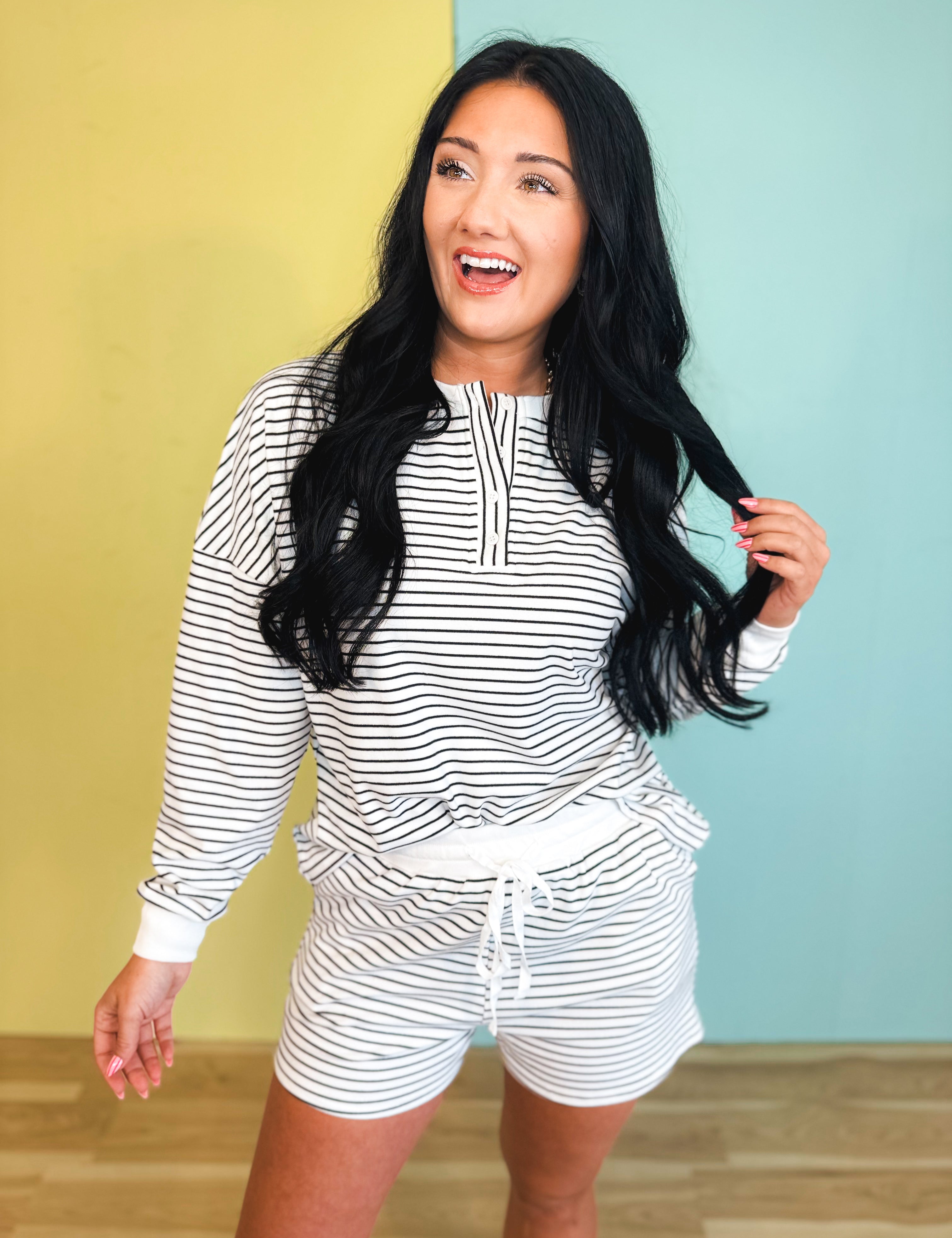 Cozy Coast Pinstripe Two Piece Short Set - Ivory - Lace and Grace Boutique