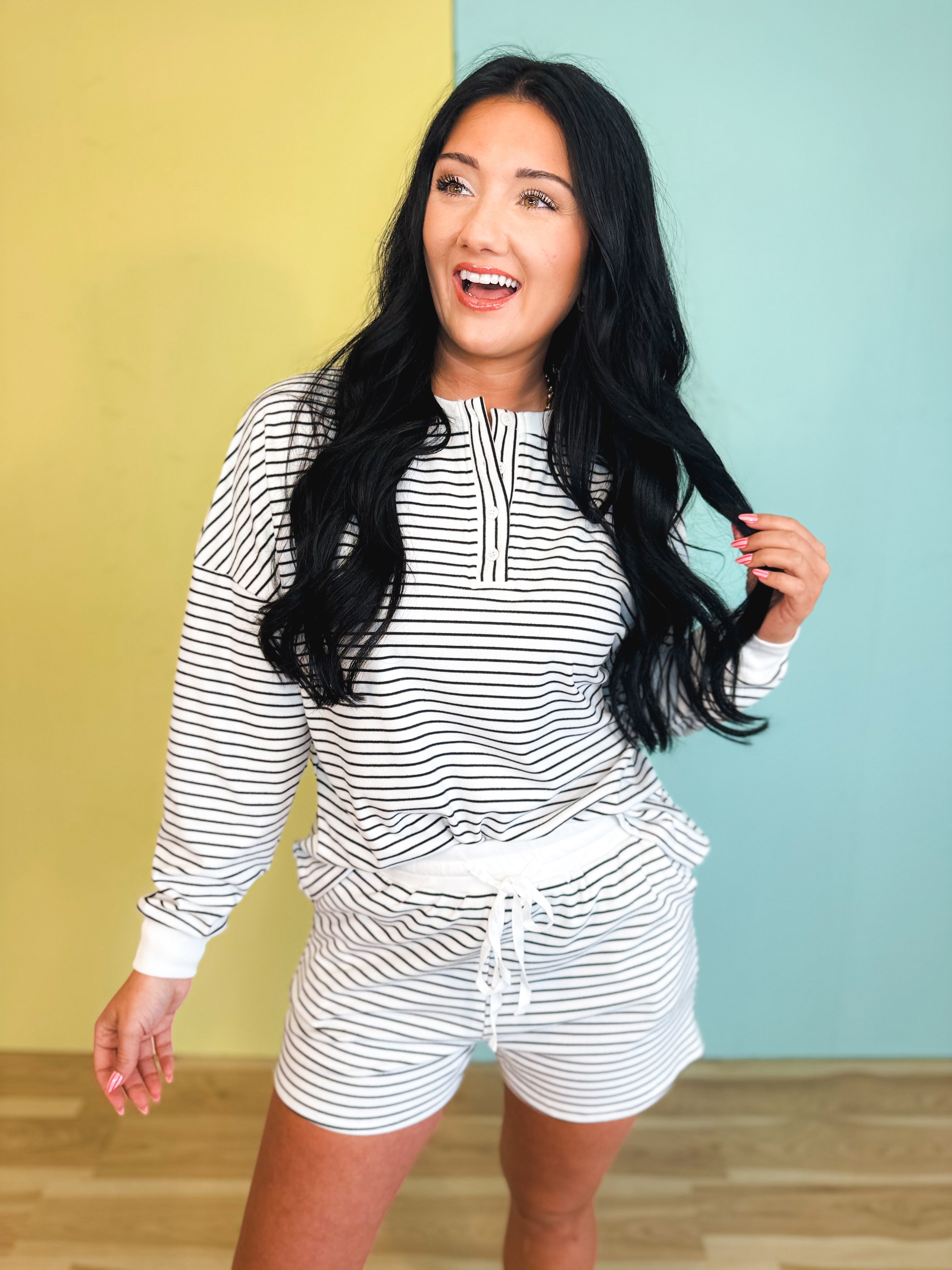 Cozy Coast Pinstripe Two Piece Short Set - Ivory - Lace and Grace Boutique