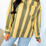 Vintage Striped Poplin Button Down Shirt - Olive/Beige - Lace and Grace Boutique