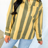 Vintage Striped Poplin Button Down Shirt - Olive/Beige - Lace and Grace Boutique
