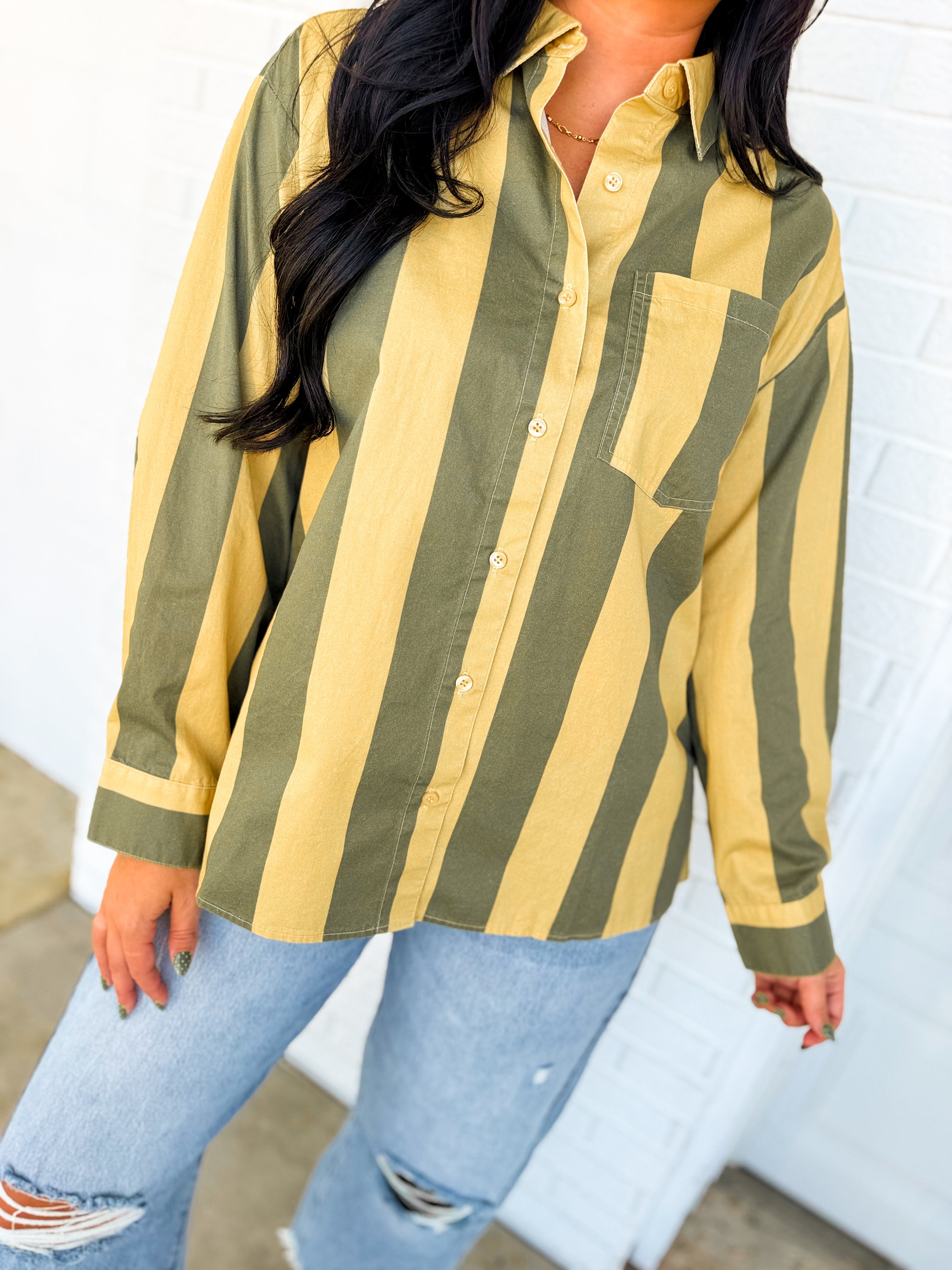 Vintage Striped Poplin Button Down Shirt - Olive/Beige - Lace and Grace Boutique