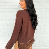 Scalloped Lace Hem Knit Crewneck Sweater - Chocolate