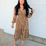 Romantic Floral Smocked Button Down Maxi Dress - Dusted Olive