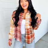 Mixed Plaid Color Block Button Down Top - Brick Multi