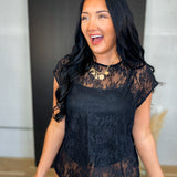 Oversized Floral Lace Knit Top - Black