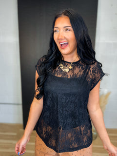 Oversized Floral Lace Knit Top - Black - Lace and Grace Boutique