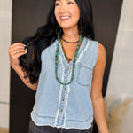 Striped V-Neck Button Down Tank Top - Light Denim - Lace and Grace Boutique