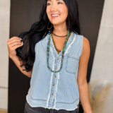 Striped V-Neck Button Down Tank Top - Light Denim - Lace and Grace Boutique