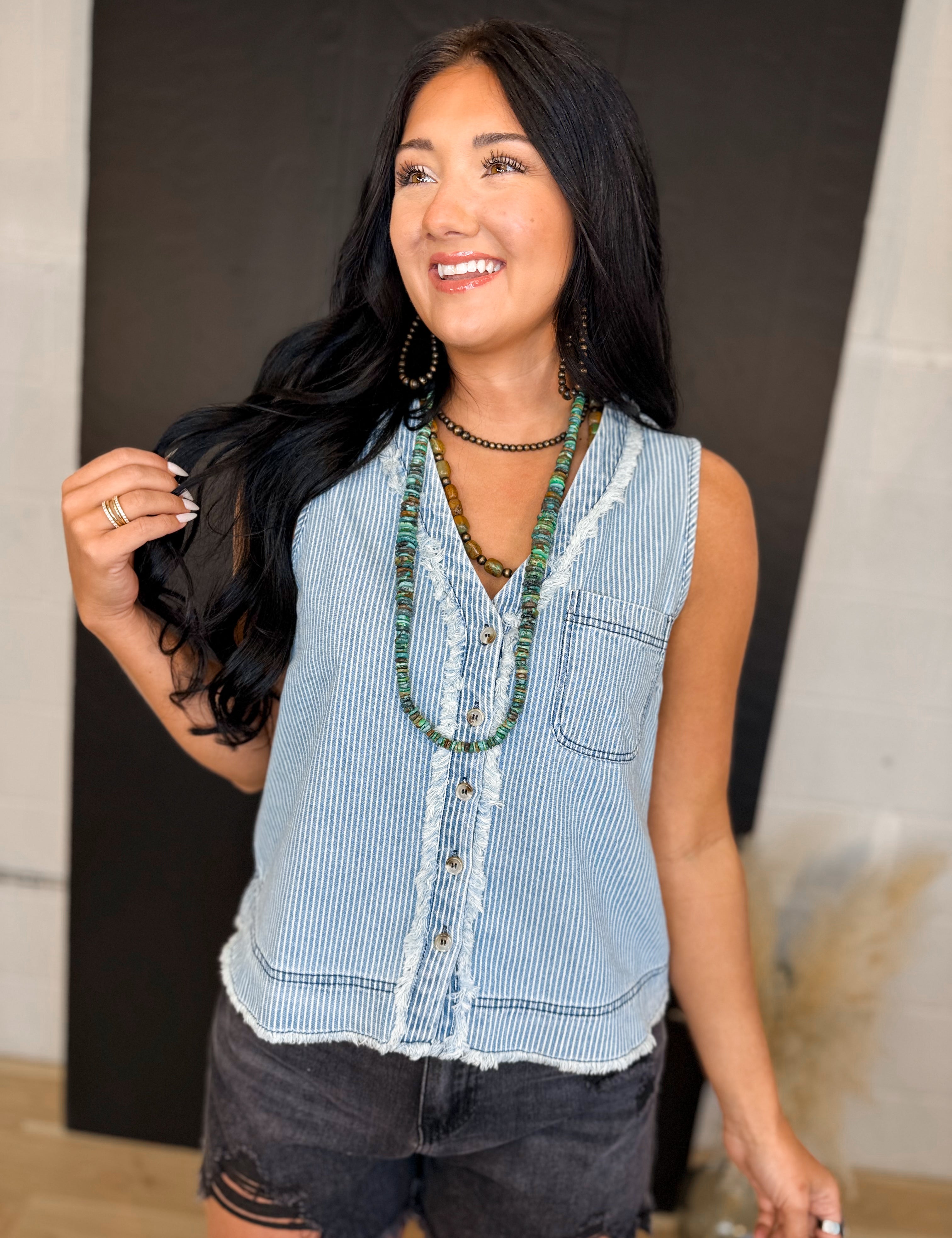 Striped V-Neck Button Down Tank Top - Light Denim - Lace and Grace Boutique