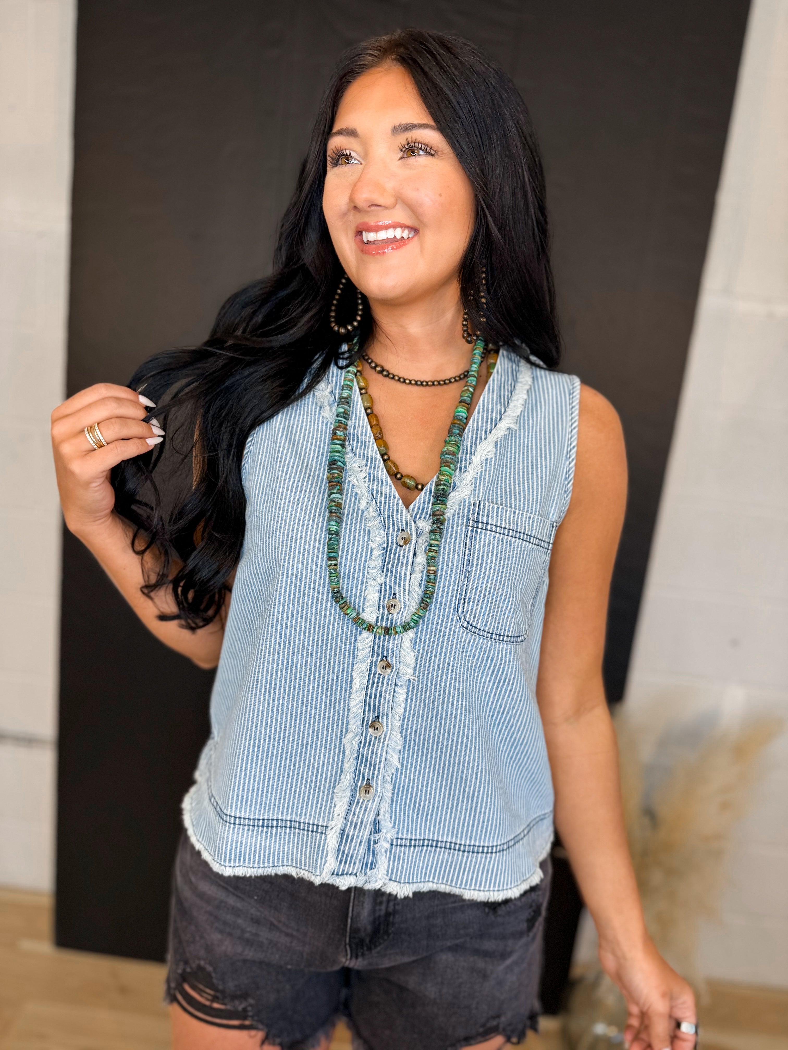 Striped V-Neck Button Down Tank Top - Light Denim - Lace and Grace Boutique