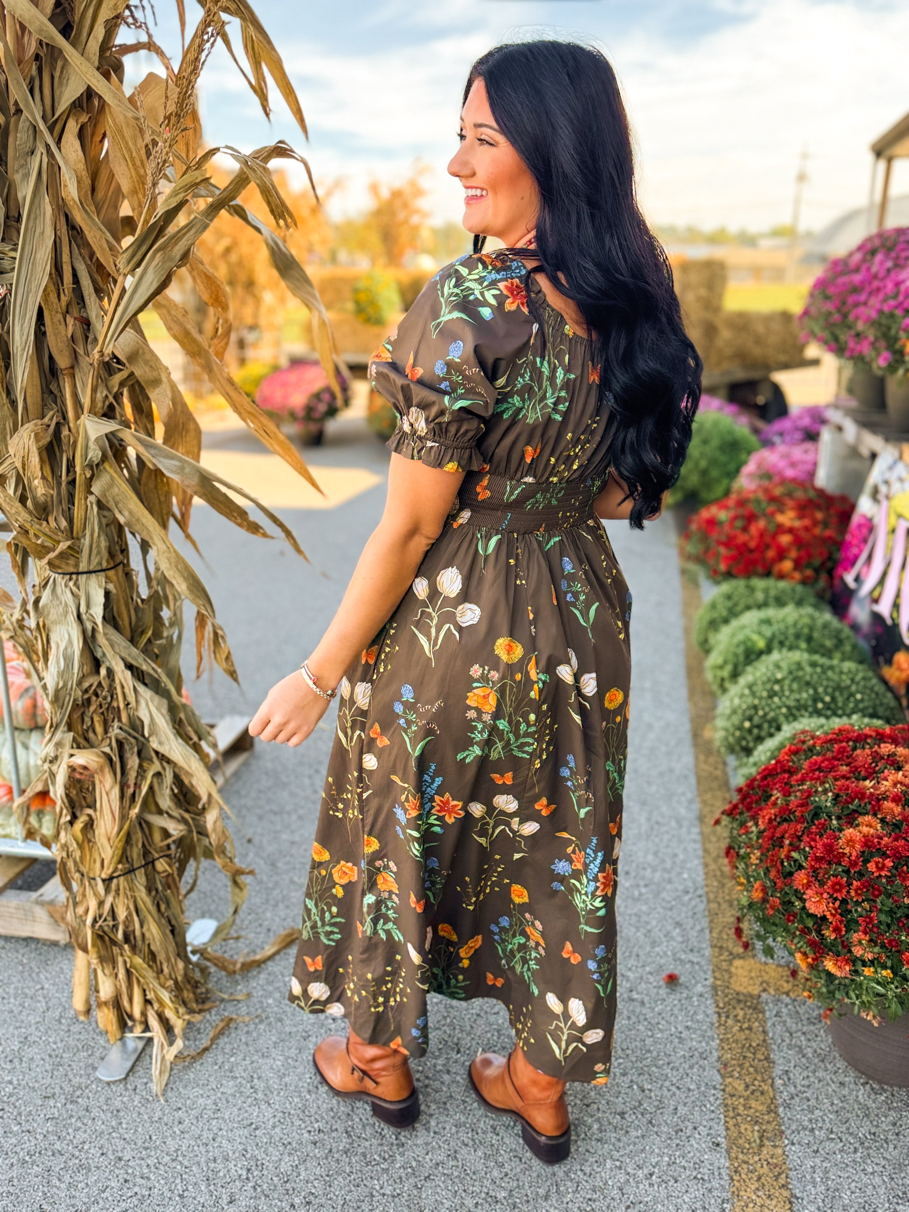 Wildflower Printed Smocked Maxi Dress - Mocha - Lace and Grace Boutique