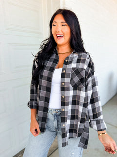 Oversized Button Down Plaid Flannel Top - Black/White - Lace and Grace Boutique