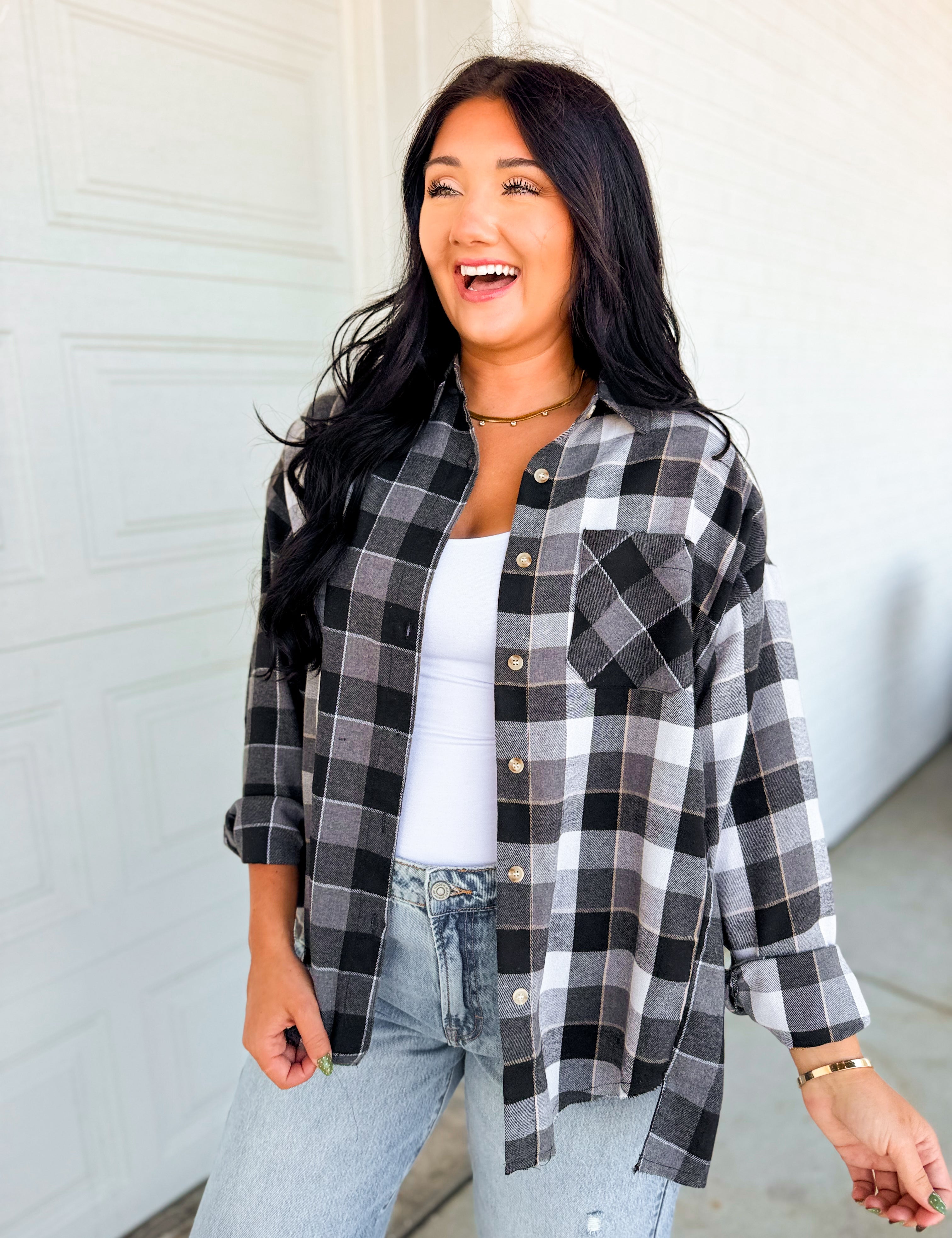 Oversized Button Down Plaid Flannel Top - Black/White - Lace and Grace Boutique