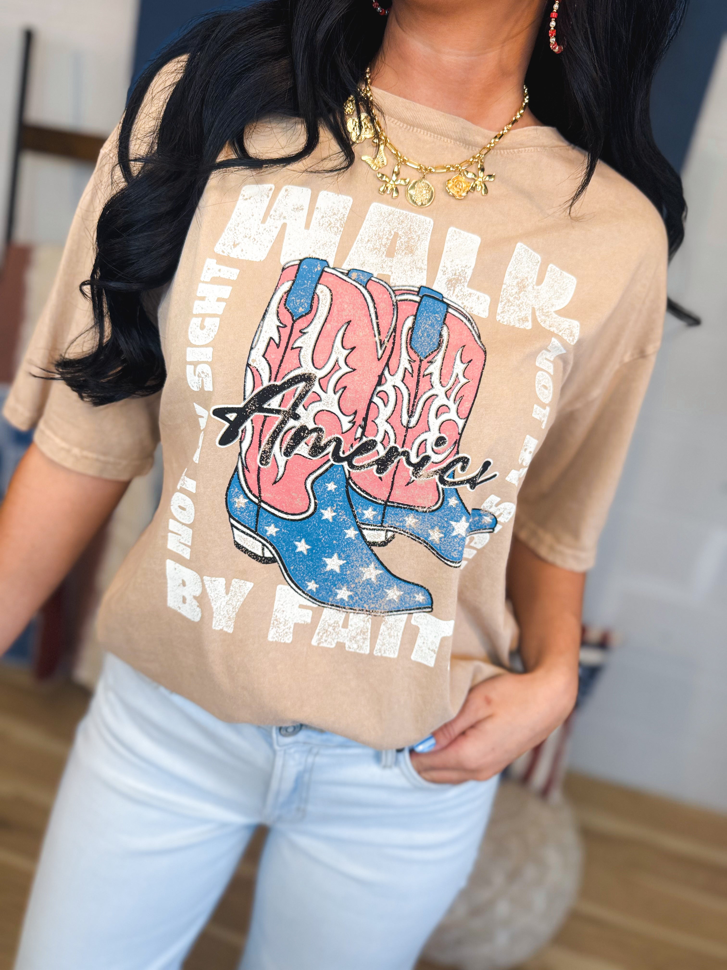 Walk By Faith Mineral Washed Graphic Tee - Taupe - Lace and Grace Boutique