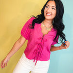 Scalloped Neck Tie Front Blouse - Pink - Lace and Grace Boutique