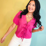 Scalloped Neck Tie Front Blouse - Pink - Lace and Grace Boutique